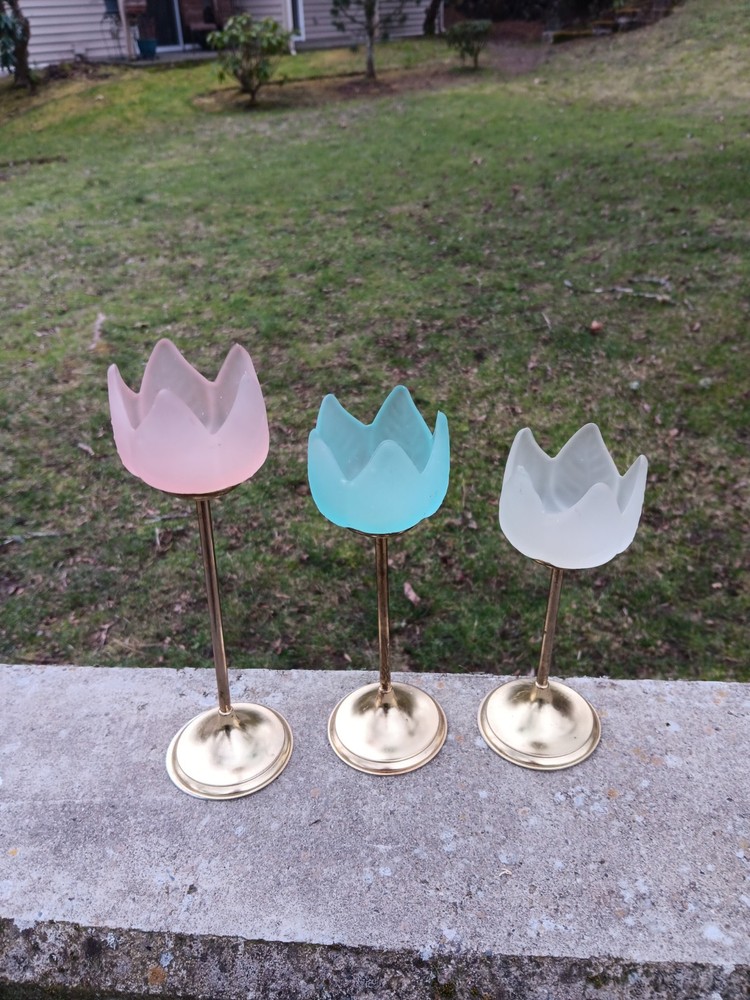 Brass lotus frosted glass votive candle holder set of 3