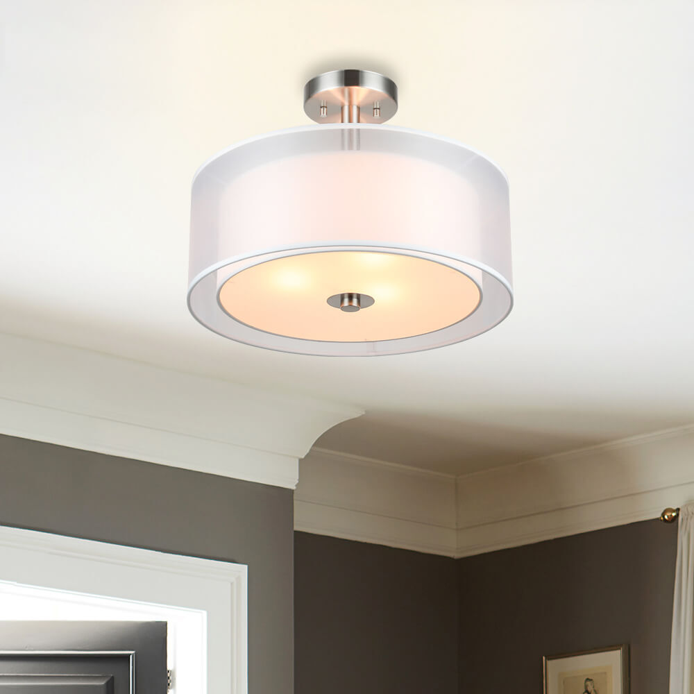 Semi Flush Mount Ceiling Light with Fabric Drum Shade in Brushed Nickel