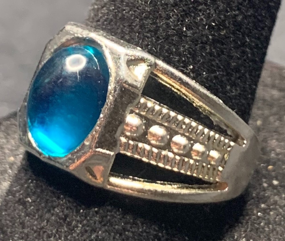 Vintage Antique Silver Tone Blue Rhinestone Ring - Size 8.5