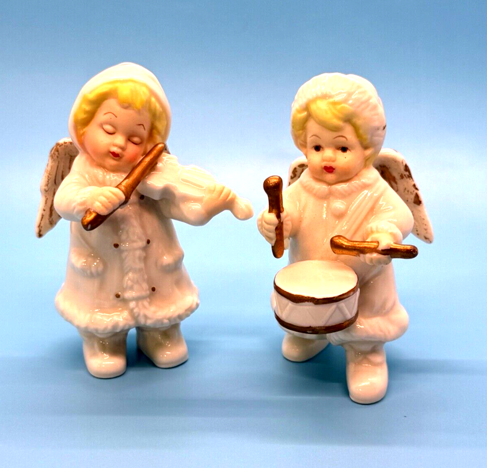 Grandeur Noel Pair of Angel Figurines Drummer & Violinist Porcelain Gold Accents