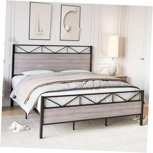 Queen Size Bed Frame with Headboard, Industrial Platform Queen Bed Frame with