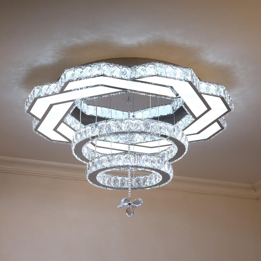 Modern 23.6-Inch Crystal Ring Chandelier Dimmable Living Room Lighting