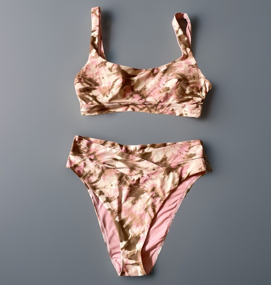 Aerie Printed Banded Wide Strap Scoop Bikini Swim Size Large Pink Brown 2-piece