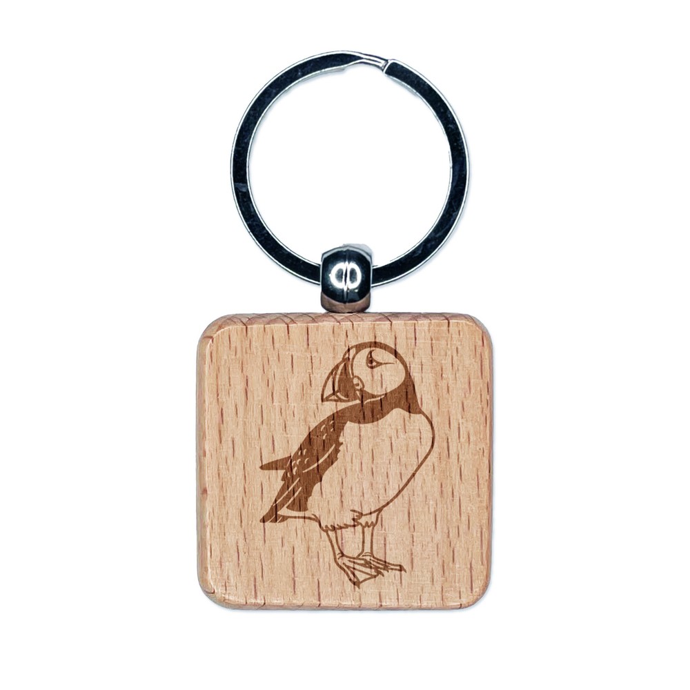 Shy Puffin Bird Engraved Wood Square Keychain Tag Charm