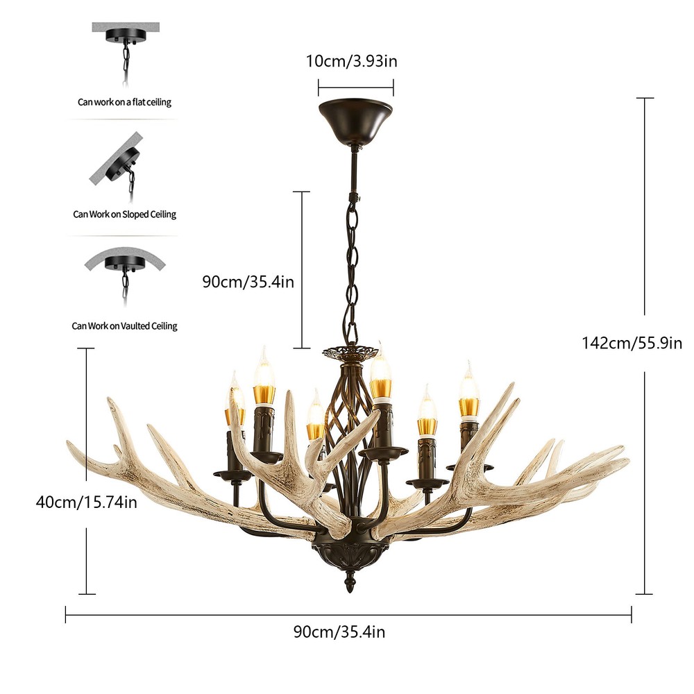 Rustic Antler Chandelier with 6 Lights Deer Horn Ceiling Lamp