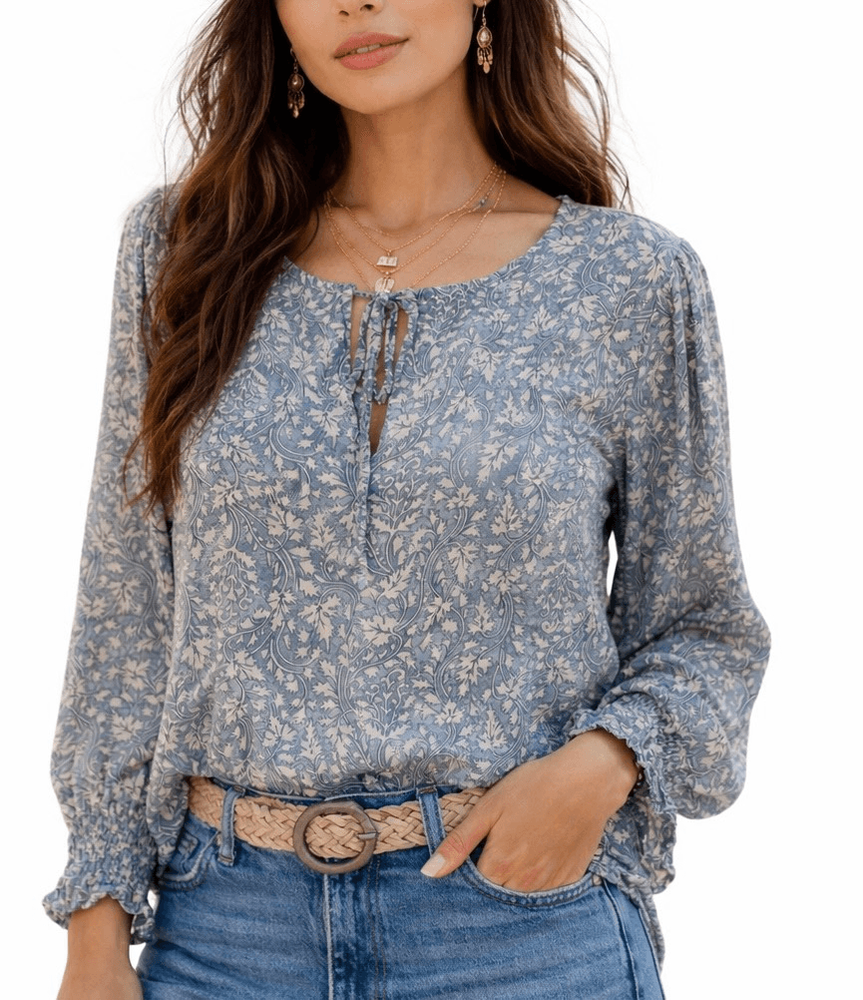 Lucky Brand blue floral boho tie neck blouse size large