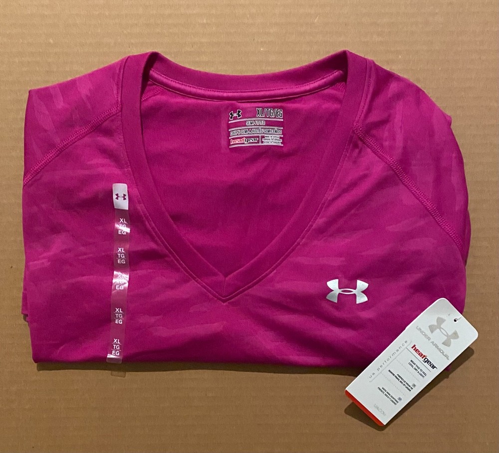 Under Armour Heat Gear Compression Short Sleeve Shirt ~ Womens XL Purple Stretch