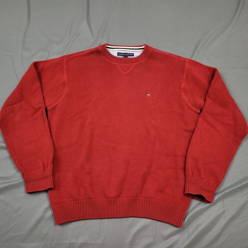 Tommy Hilfiger Sweater Mens Large L Long Sleeve Pullover Logo Knit Red