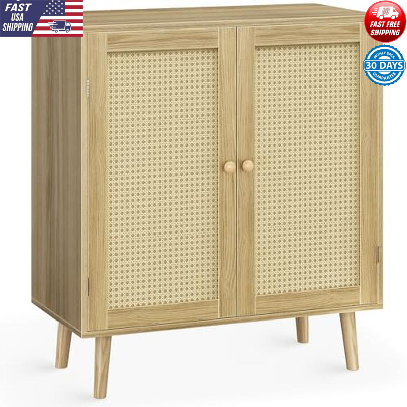 Boho Rattan Storage Sideboard with Solid Wood Feet for Living Room or Entryway  
