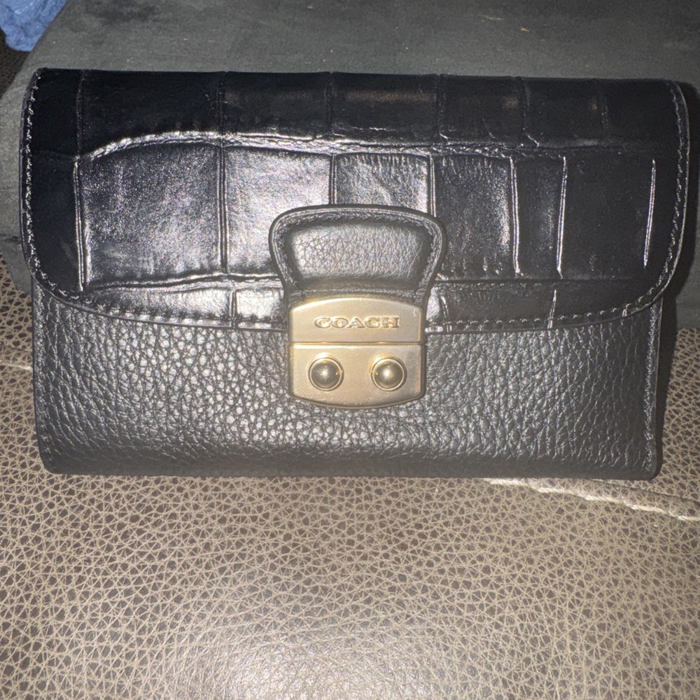 Coach Black Leather Trifold Wallet with Gold Hardware & Alligator Texture
