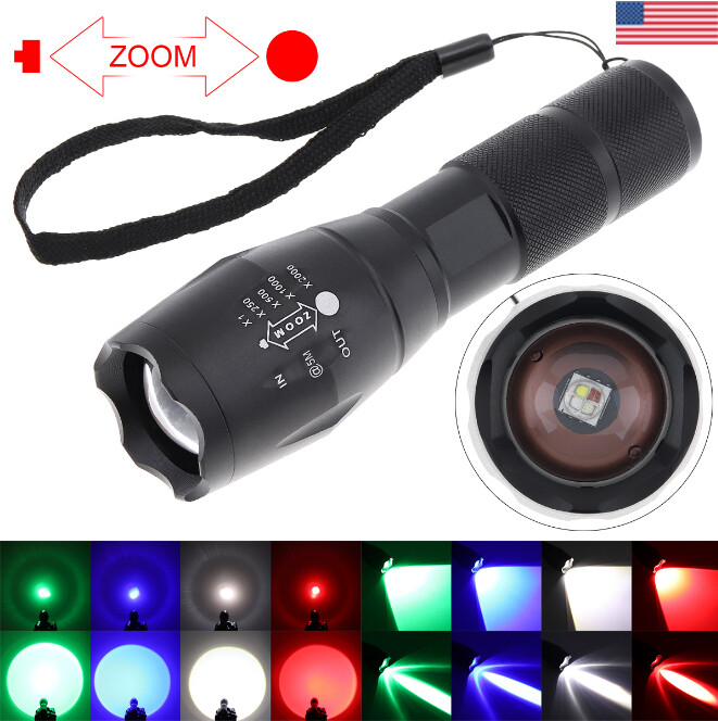 4 in 1 Multicolor Torch Red Green White UV Zoom Flashlight Hunting Light Battey