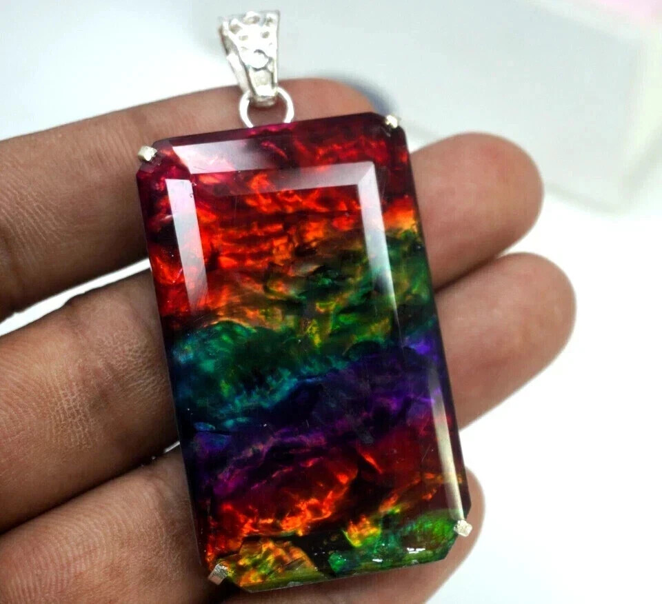 Certified 92 Ct Natural Ammolite Rainbow Gemstone Solid Silver Pendant