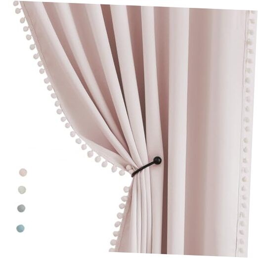 Pink Pom Pom Blackout Curtains for Girls Bedroom 63 Inch Energy Efficient Window Drapes