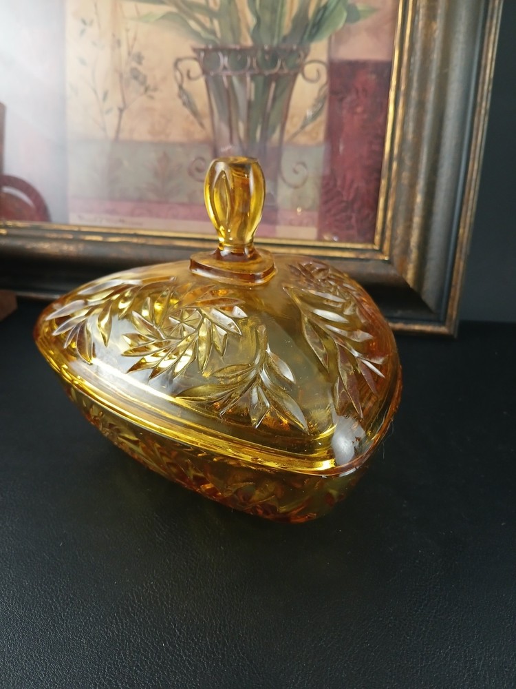 Vintage Hazel Atlas Amber Gold Pinwheel Lidded Candy Dish