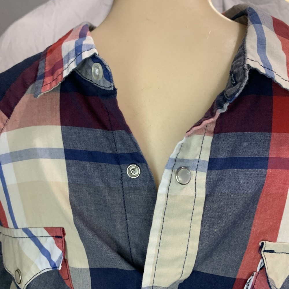 Levis Mens Shirt Large Pearl Snap Short Sleeve Blue Plaid Modern Fit Cowboy
