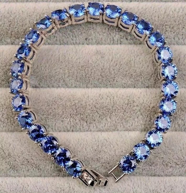 14K White Gold Plated 15Ct Lab Sapphire Tennis Bracelet 7 Inch