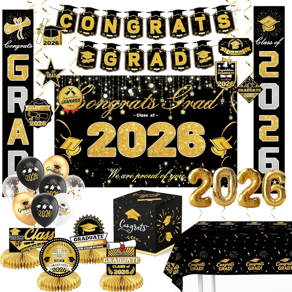 Graduation Decorations 2026-Black and Gold Party Supplies,Class of 2026 Backdrop