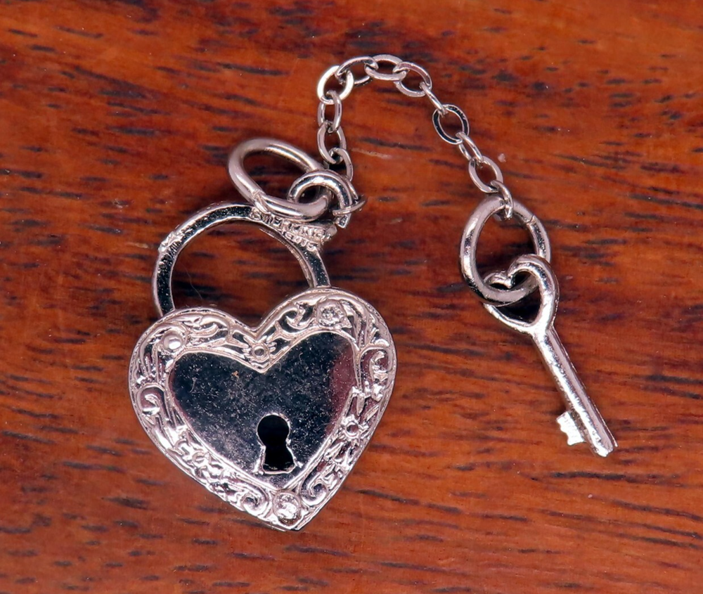 Vintage Silver Puff Heart Key and Padlock Charm with Functional Movable Parts