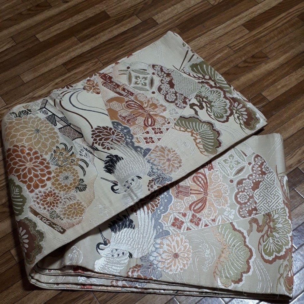 Japanese Kimono Obi 4m Crane Pine Chrysanthemum Traditional