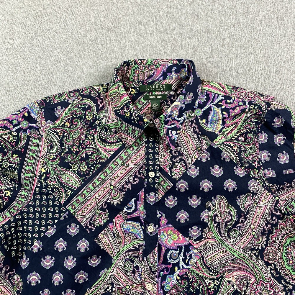 Lauren Ralph Lauren Button Shirt Womens XL Multi Paisley Patchwork Fractals Top