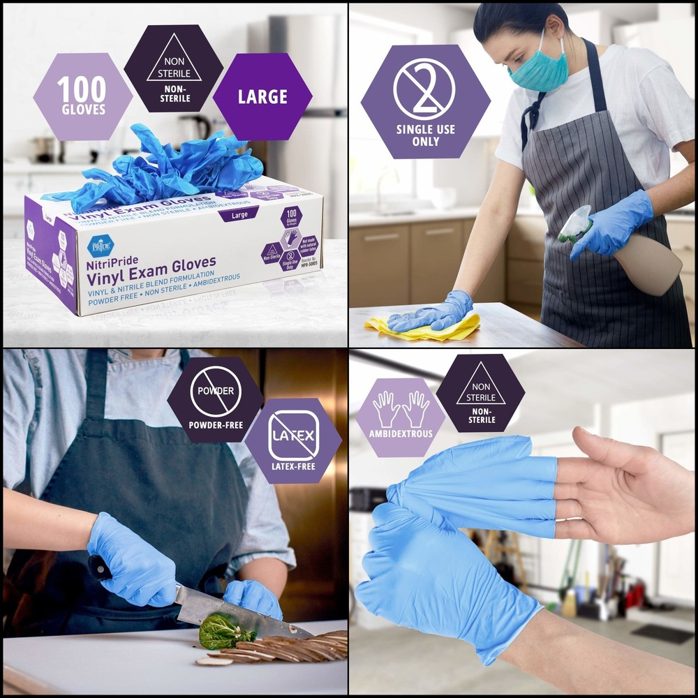 MED PRIDE NitriPride Nitrile-Vinyl Blend Exam Gloves, Large 100 - Powder Free