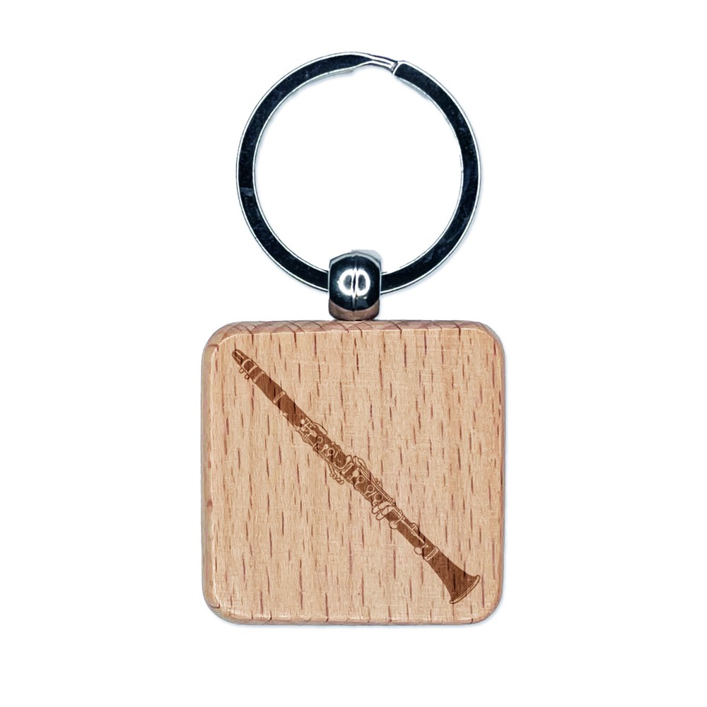 Clarinet Woodwind Musical Instrument Engraved Wood Square Keychain Tag Charm