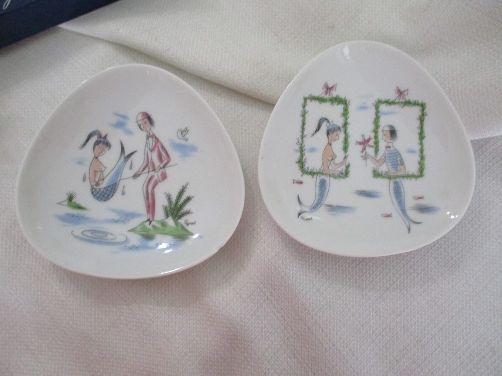 Set 2 '70's Rosenthal Peynet Triangular Trinket Dish Mermaid Fisherman germany