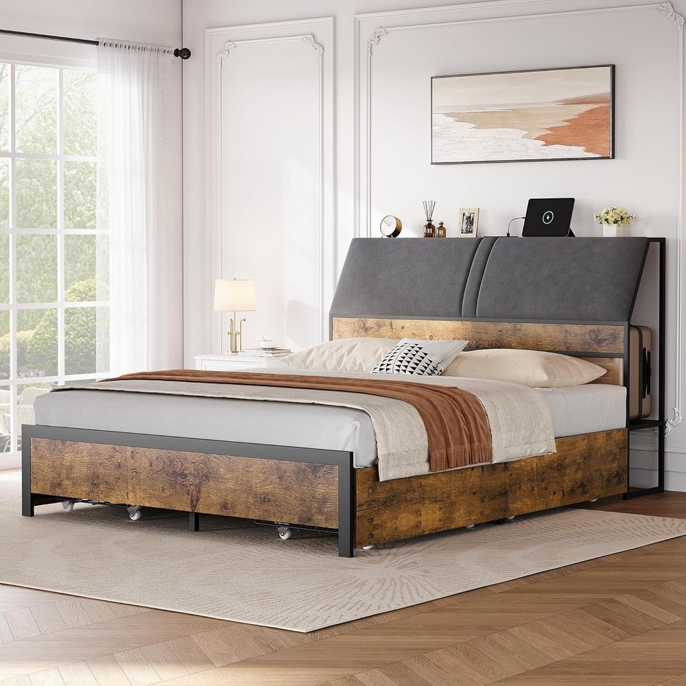 Full Size Platform Bed Frame with Storage Headboard and Drawers  -image