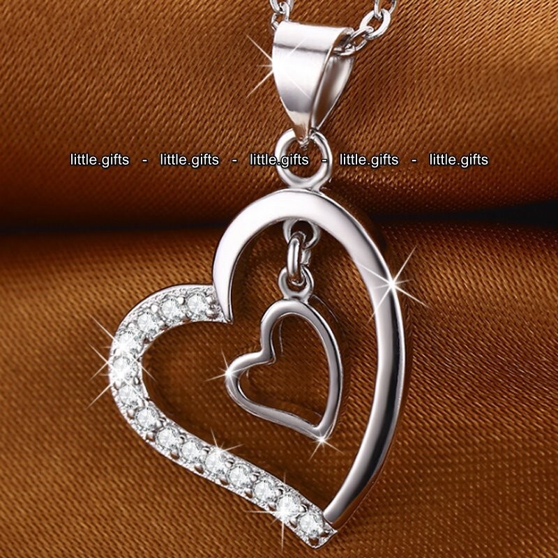 Double Heart Silver Crystal Necklace Gift for Women Wife Daughter UK-image