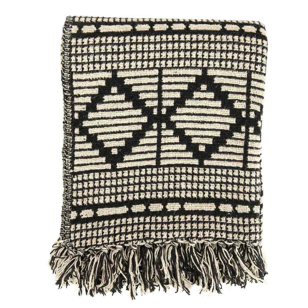 Black Beige Woven Cotton Blend Throw Blanket Fringe