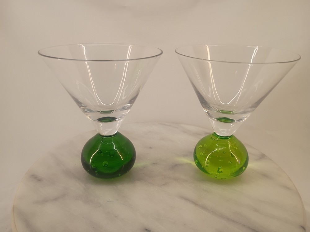 Pair Of Vintage Hand Blown Martini Glass With Green Bubble Ball Stem