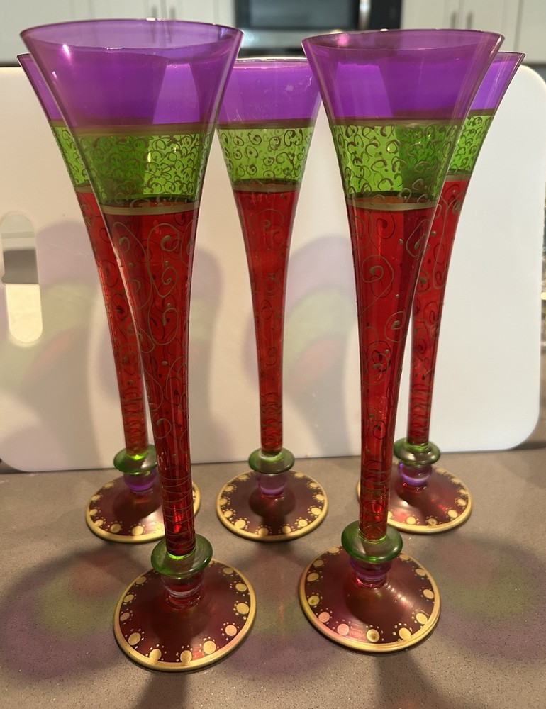Pier 1 Hand Painted Champagne Flutes Festive Bohemian Rare