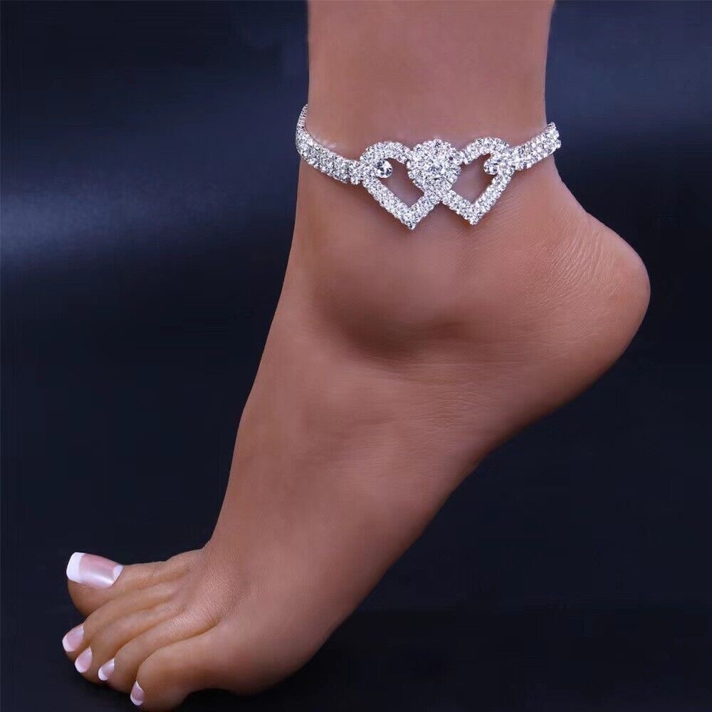 Double Heart Crystal Ankle Bracelet with Bling Chain-image