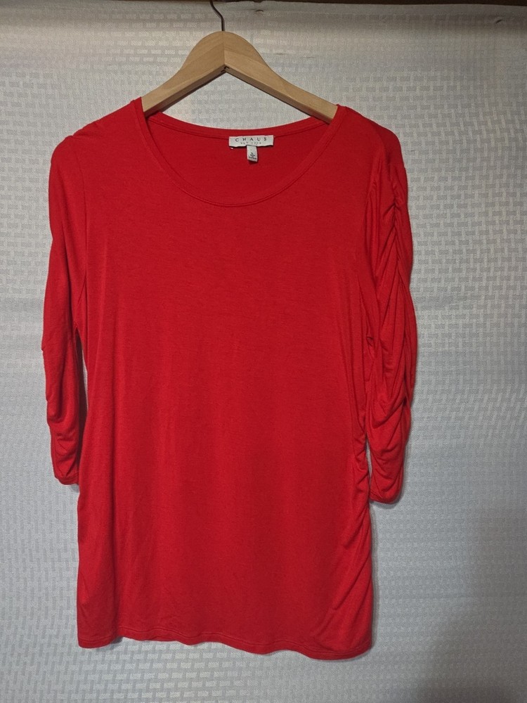 Chaus New York Womens Red Large L Ruched 3/4 Sleeve And Sides Stretch Blouse....
