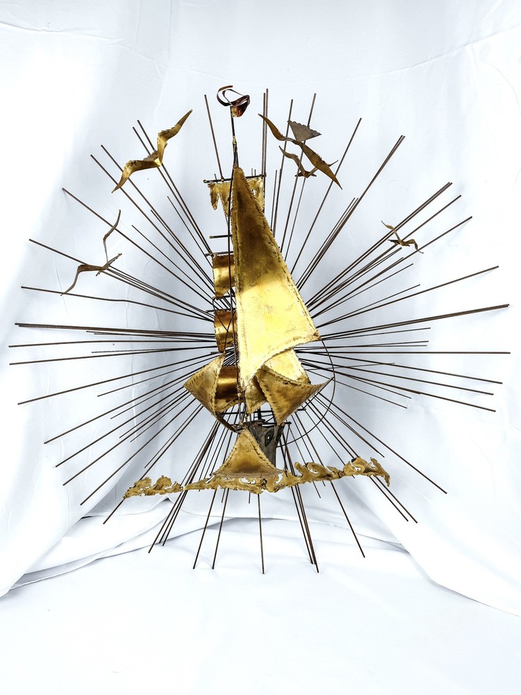 Vtg MCM Sail Boat Sunburst Wall 70s Sculpture 30” Curtis Jere Style Brutalist