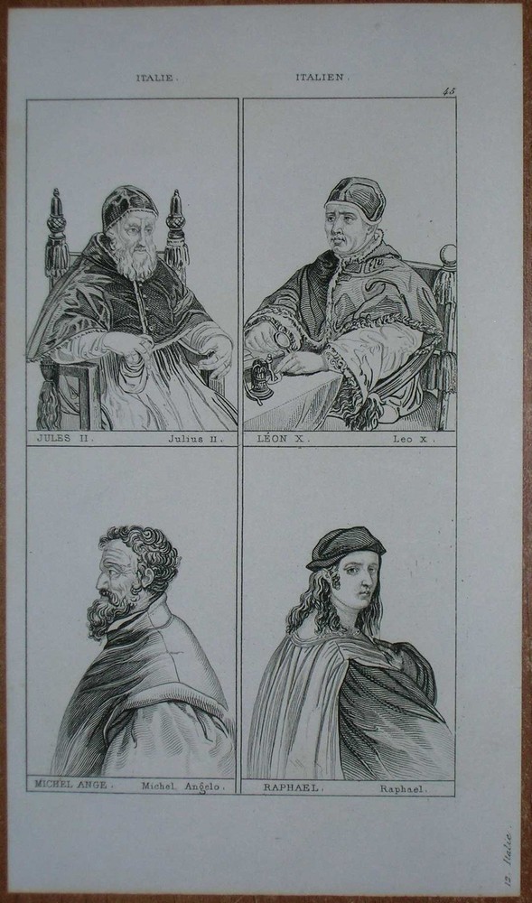 1835 print of Popes Julius II & Leo X with Michelangelo and Raphael historical art portrait