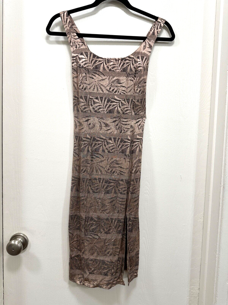 Knapp Studio California Dress Sleeveless Slit Strap Brown Brocade Women size 3
