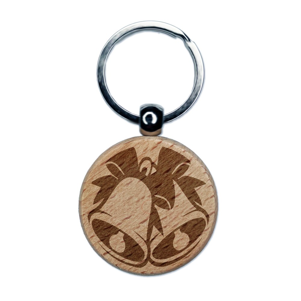 Engraved Wood Round Keychain with Bells and Bows for Christmas or Weddings