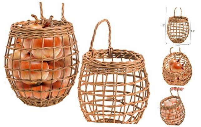 Set of 2 Hanging Onion Basket, Wall Mount Wicker Baskets for Storage Kitchen
