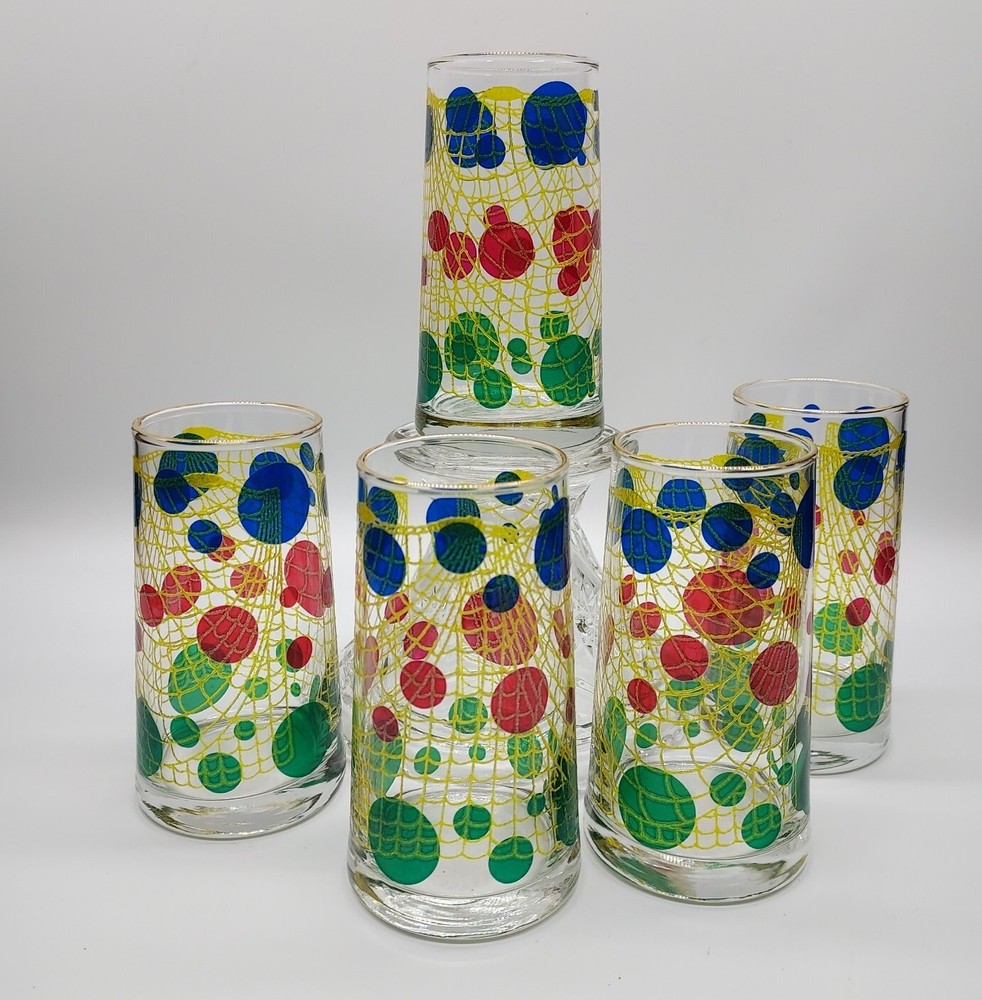 CLEARANCE SALE* 5 Bartlett Collins Fish Net Dots Tapered Drinking Glasses 5.25