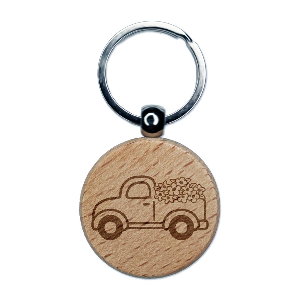 Cute Truck with Flowers Engraved Wood Round Keychain Tag Charm
