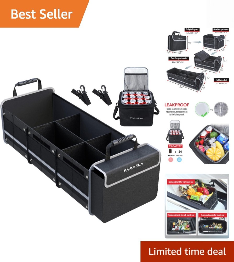 Durable Black Trunk Organizer Cooler Bag with Adjustable Compartments for SUVs