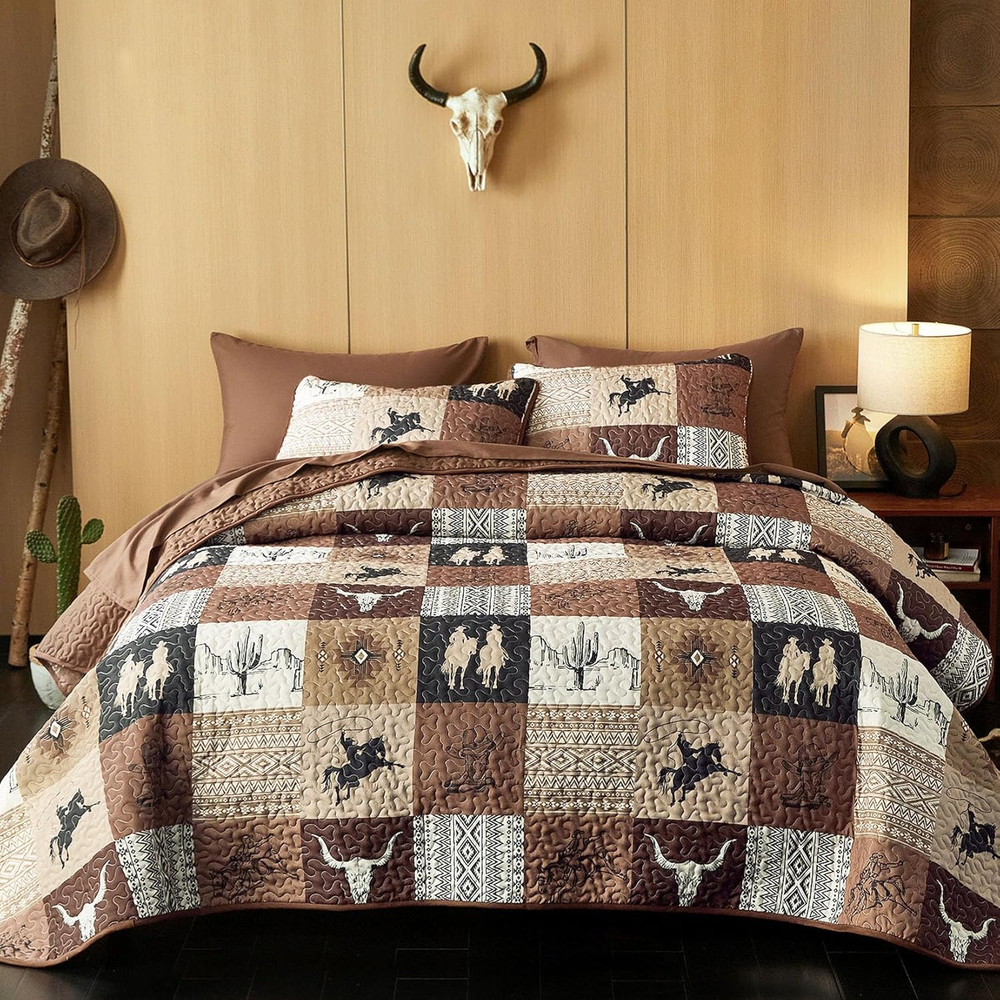 - Western Quilt Set, Southwestern Aztec Country Horse Cowboy Rustic Ranch Patter