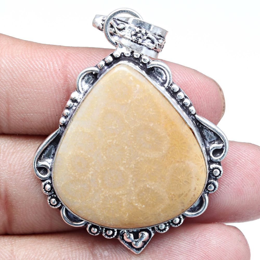 Fossil Coral Pendant Silver Jewelry Gift For Women 2 Inch
