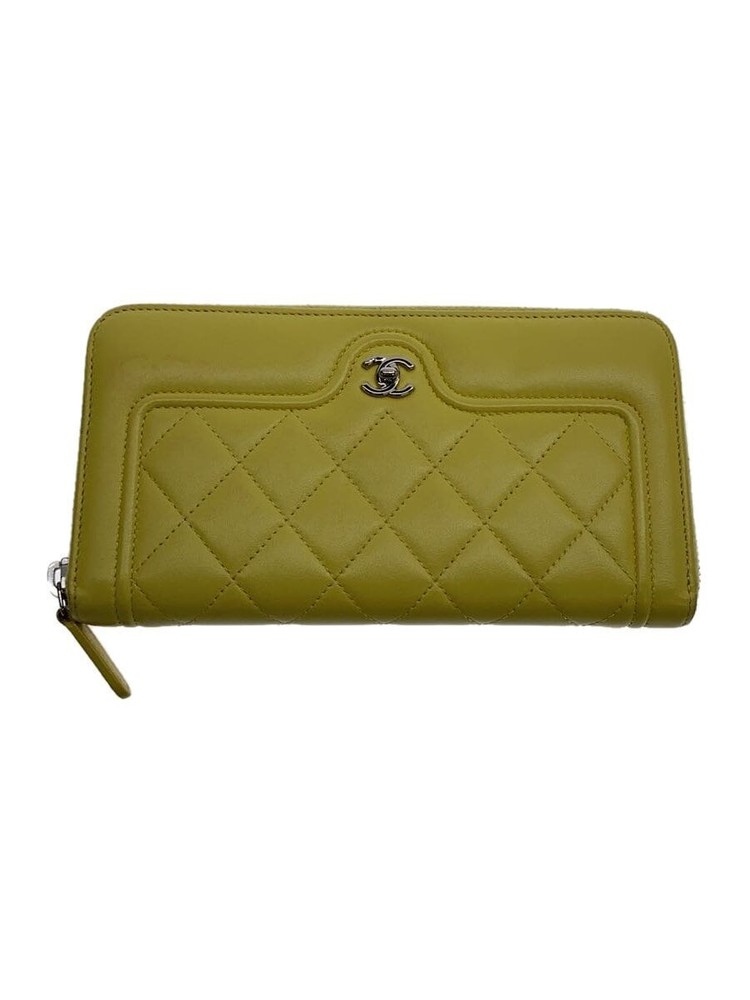 CHANEL Zip Around Long Wallet Matelassé Lambskin Leather CC Yellow Pre-Loved