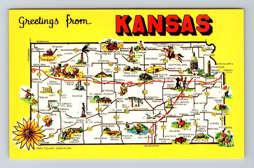 KS-Kansas, Scenic Map Greetings, Landmarks, Vintage Postcard