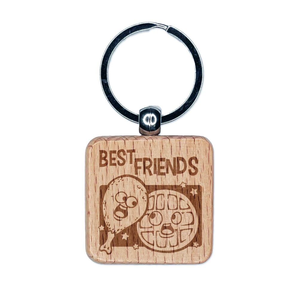 Chicken and Waffles Best Friends Engraved Wood Square Keychain Tag Charm