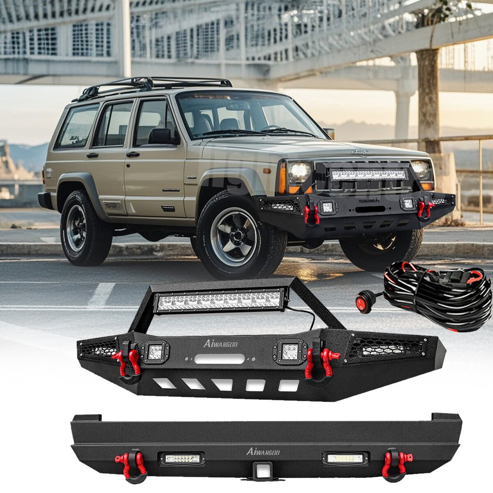 Front & Rear Bumper W Winch Mount Plate Set For 1984-2001 Jeep Cherokee XJ Black