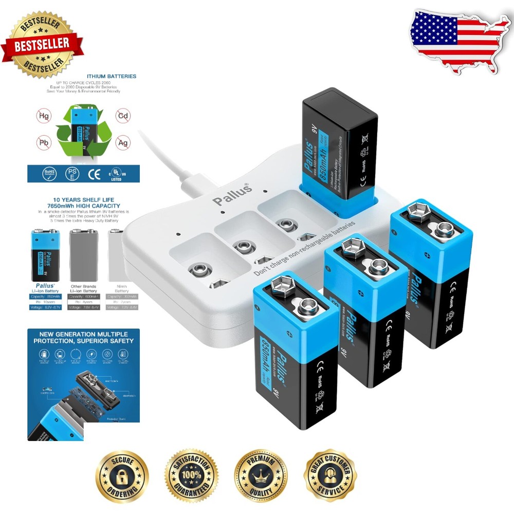 850mAh 9V Li-ion Rechargeable Battery Pack with Smart Safety Charger - 4 Count