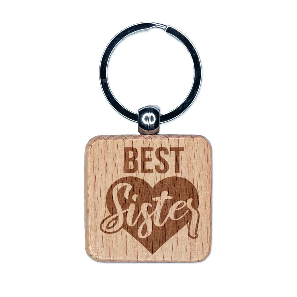 Best Sister in Heart Engraved Wood Square Keychain Tag Charm